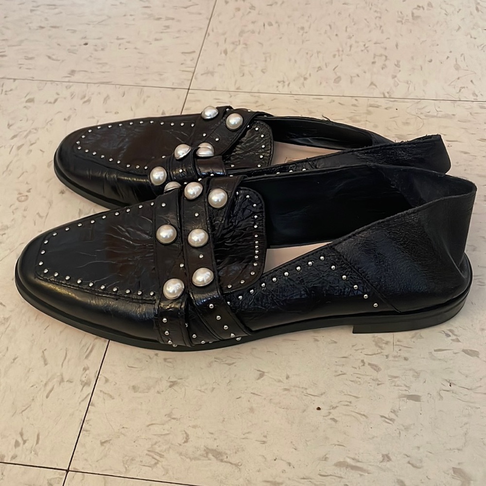 Zara pearl studded snakeskin loafers